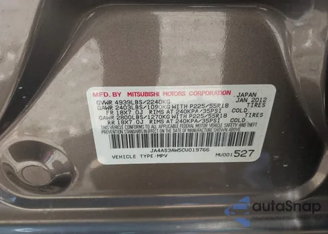 2012 Mitsubishi Outlander Se from USA, damaged, VIN JA4AS3AW5CU019766